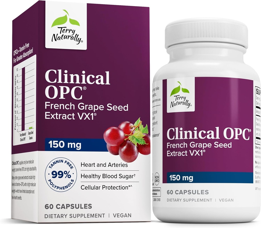 Terry Naturalmente Clínico OPC - Cardiovascular Health & Focus Support Suplemento - Suplemento dietético con Grape Seed Extract &amp; Sunflower Lecithin - Immune Support Suplemento - 150 mg, 60 Softgels