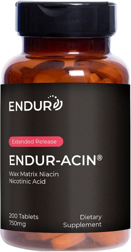 ENDUR-ACIN Niacina, Salud del Corazón " Sanidad sana del equilibrio del colesterol, liberación ampliada para la absorción óptima, libre de gluten, 750 mg (200 tablas)