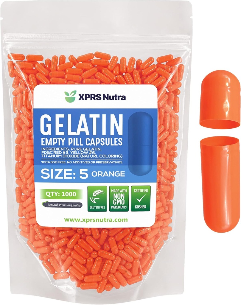 XPRS Nutra Size 5 Empty Capsules - 1000 Count Very Small Empty Gelatin Capsules - Pills DIY Capsule Filling - Fillable Pill Gel Caps for Do-It-youself Vitamin Supplements (Orange)