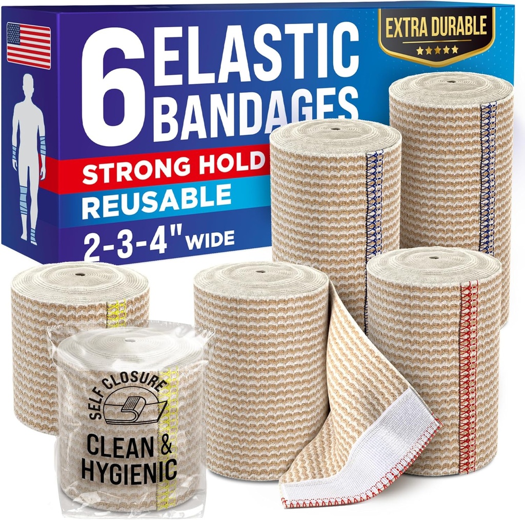 High-Performance Elastic Bandage Wrap - 6 Pack (2x2in, 2x3in, 2x4in) - Self-Closing Strong Compression Bandage Wrap for Feet, Ankles, Wrists, and Knees