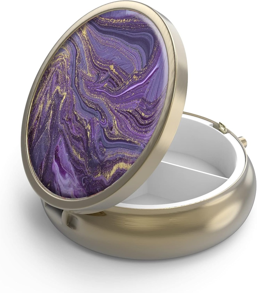 Pill Case Pill Box with Mirror Retro 3 Compartment Small Pill Case for Purse or Pocket Bronze Small Roud Pill Box or Vitamins, Fish Oil, Supplements, Pill Containe Travel Gifts(Gold Marble)