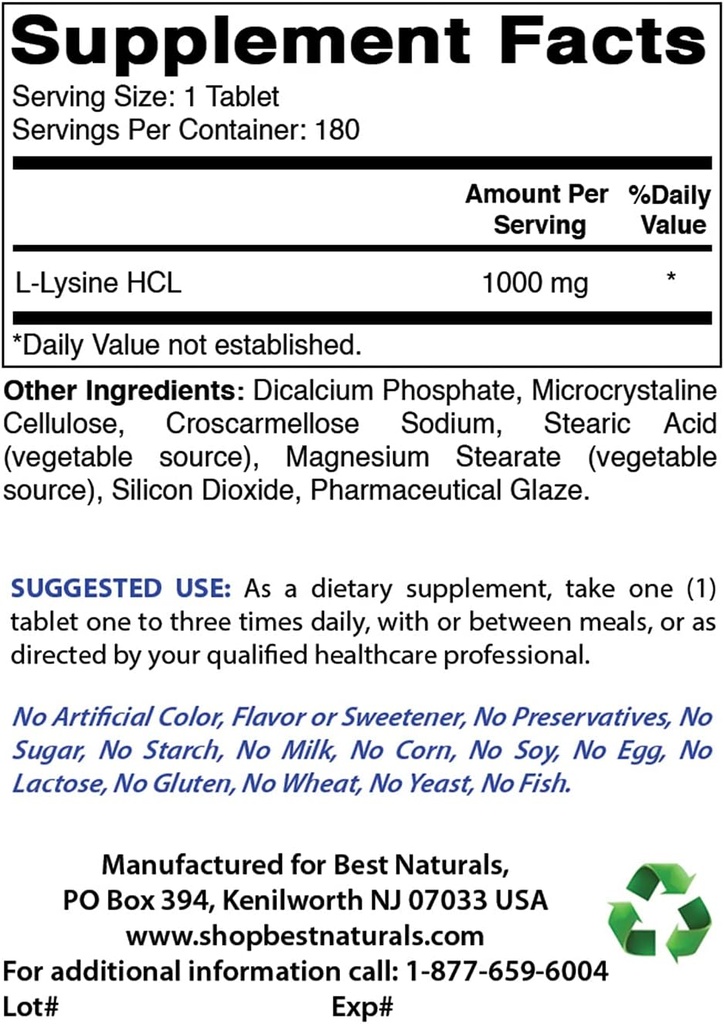 Mejores Naturales L-Lysine 1000mg &amp; Vitamina C 1000 mg