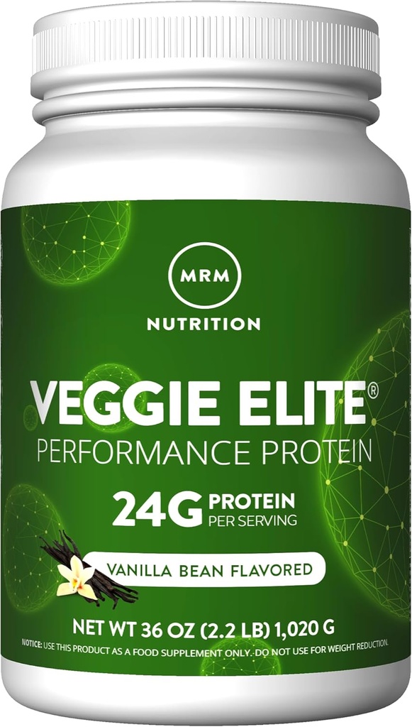 MRM Nutrición Veggie Elite Performance Protein ← Vanilla Bean Flavored Previous Plant-Based Protein tolera Easy to Digest Silencio with BCAAs habit Vegan + Gluten-Free TEN Tested clínicamente vidas Enzimas digestivas  30 Servings
