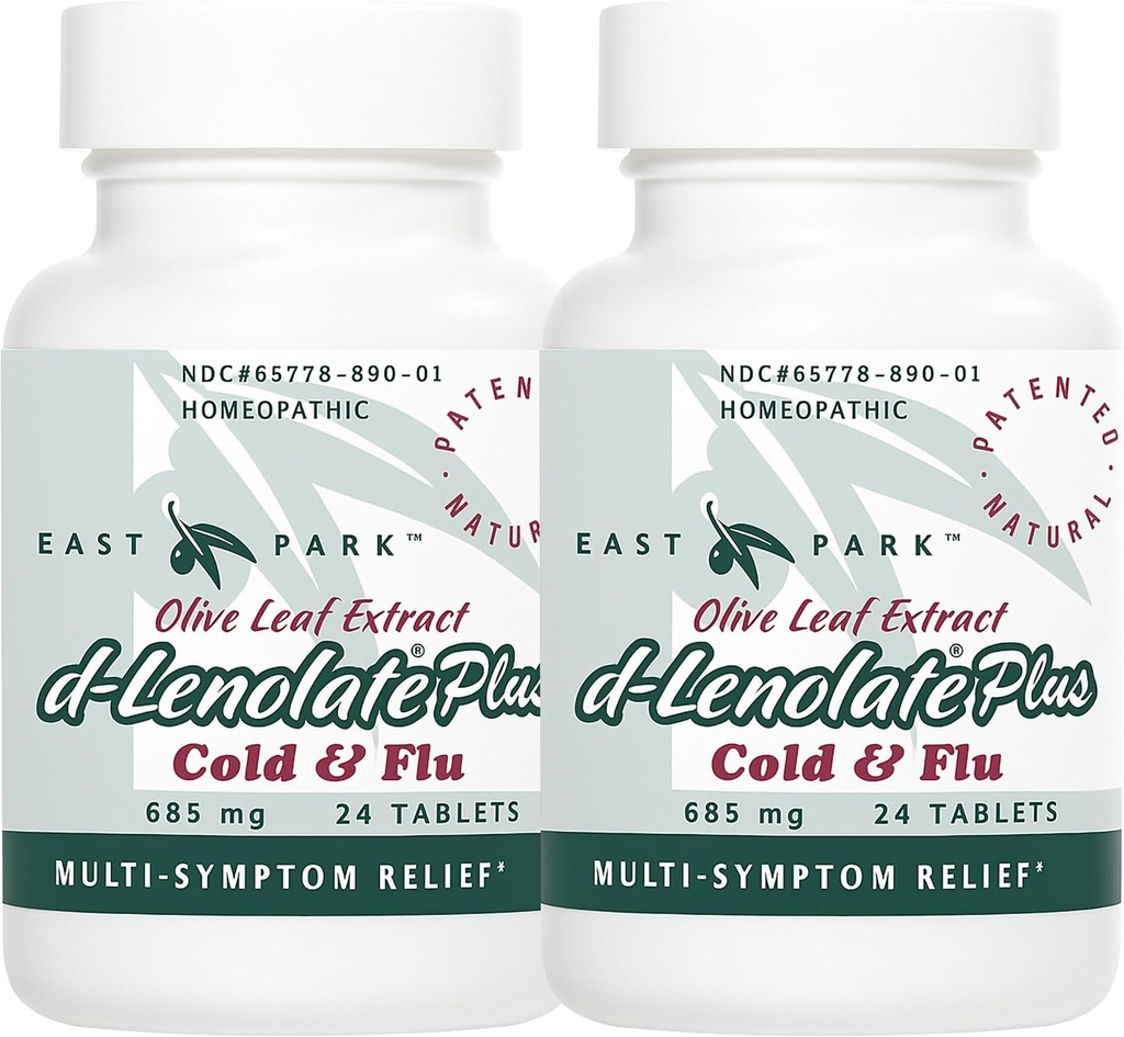 EAST PARK d-Lenolate Plus Frío &amp; Flu Homeopático Remedy for Adults &amp; Kids TEN Immune System Booster with Olive Leaf Extract, Neem Leaf Extract &amp; Echinacea TEN 625mg, 24 Tablets Silencio Non-GMO (Pack of 2)