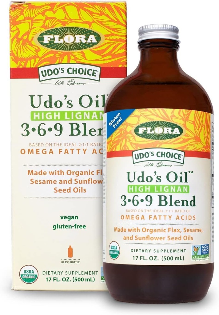 Flora - Udo's Choice High-Lignan 369 Omega Oil Blend, Udo's Oil Balanced 2:1 ratio of Omega Fatty Acids, Made with Organic Flax, Sesame & Sunflower Seed Oils, 17-oz. Botella de vidrio