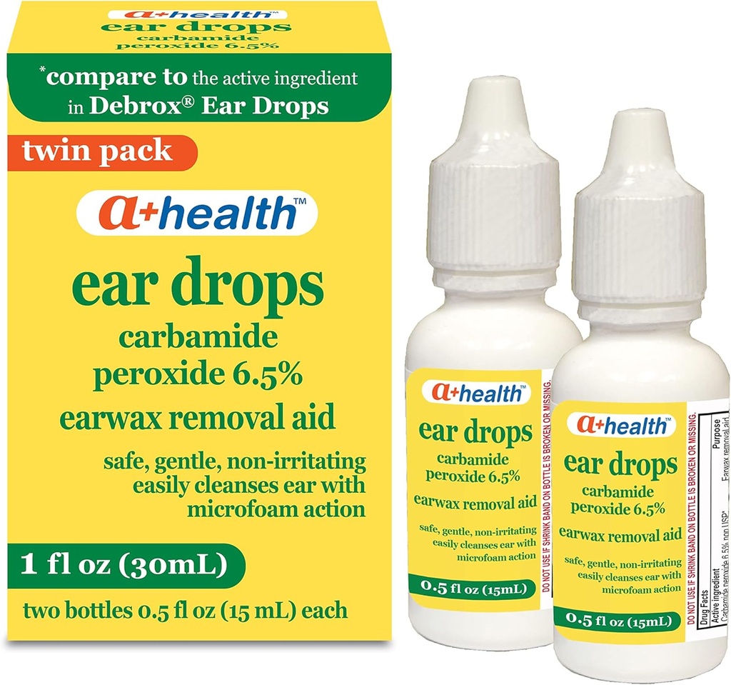 A+Health Earwax Removal Drops, Carbamide Peroxide 6.5%, Made in USA, Twin Pack, 1 fl Ounce(Dos botellas de oz de 0.5 fl)