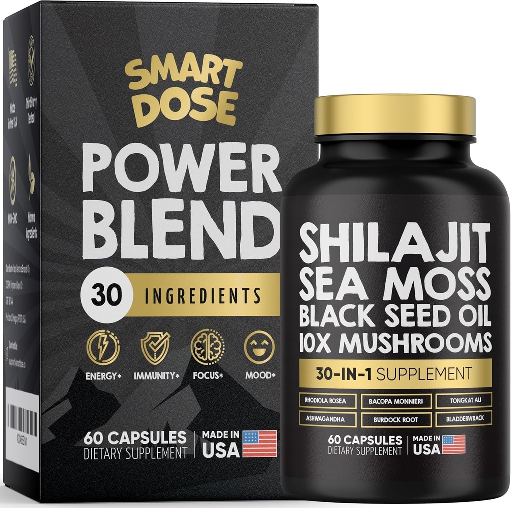 Power Blend Capsules - 30-in-1 Suplemento Bundle con Shilajit 6000mg, Sea Moss 4000mg, Black Seed Oil 4000mg, Ashwagandha 2000mg, 10x Mushrooms, Tongkat Ali, Maca, Holistic Pills Combo