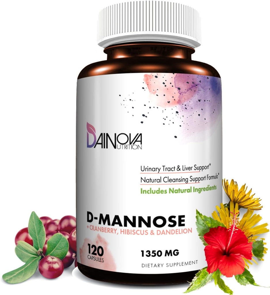 Dainova D Mannose 1350mg con Cranberry I D-Mannose Capsules for UTI Prevention, Urinary Tract Support, Urinary Tract Health for Women, &amp; Cleanse. W/Hibiscus " Dandelion, 120 Veggie Capsules