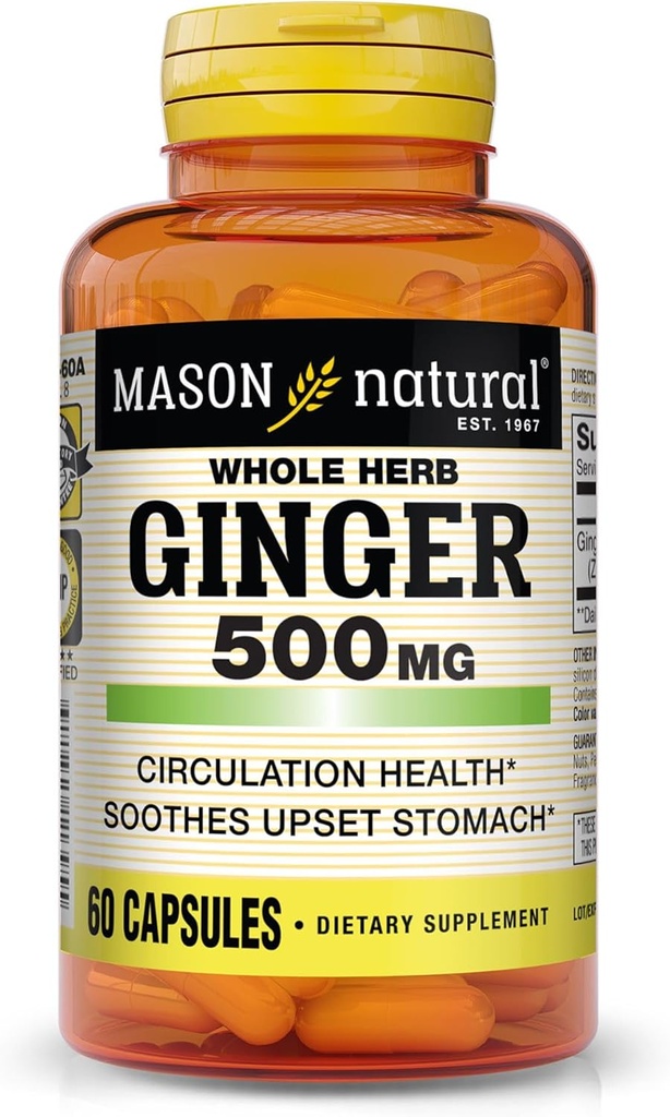 MASON NATURAL Whole Herb Ginger 500 mg, 2 Month Supply, Natural Herbal Suplemento, 60 cápsulas