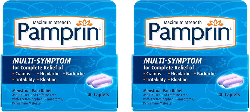Pamprin Multi-Symptom Formula, con Acetaminophen, Menstrual Period Symptoms Relief incluyendo calambres, dolor, irritabilidad y ruborización, 40 caplets (Pack of 2)