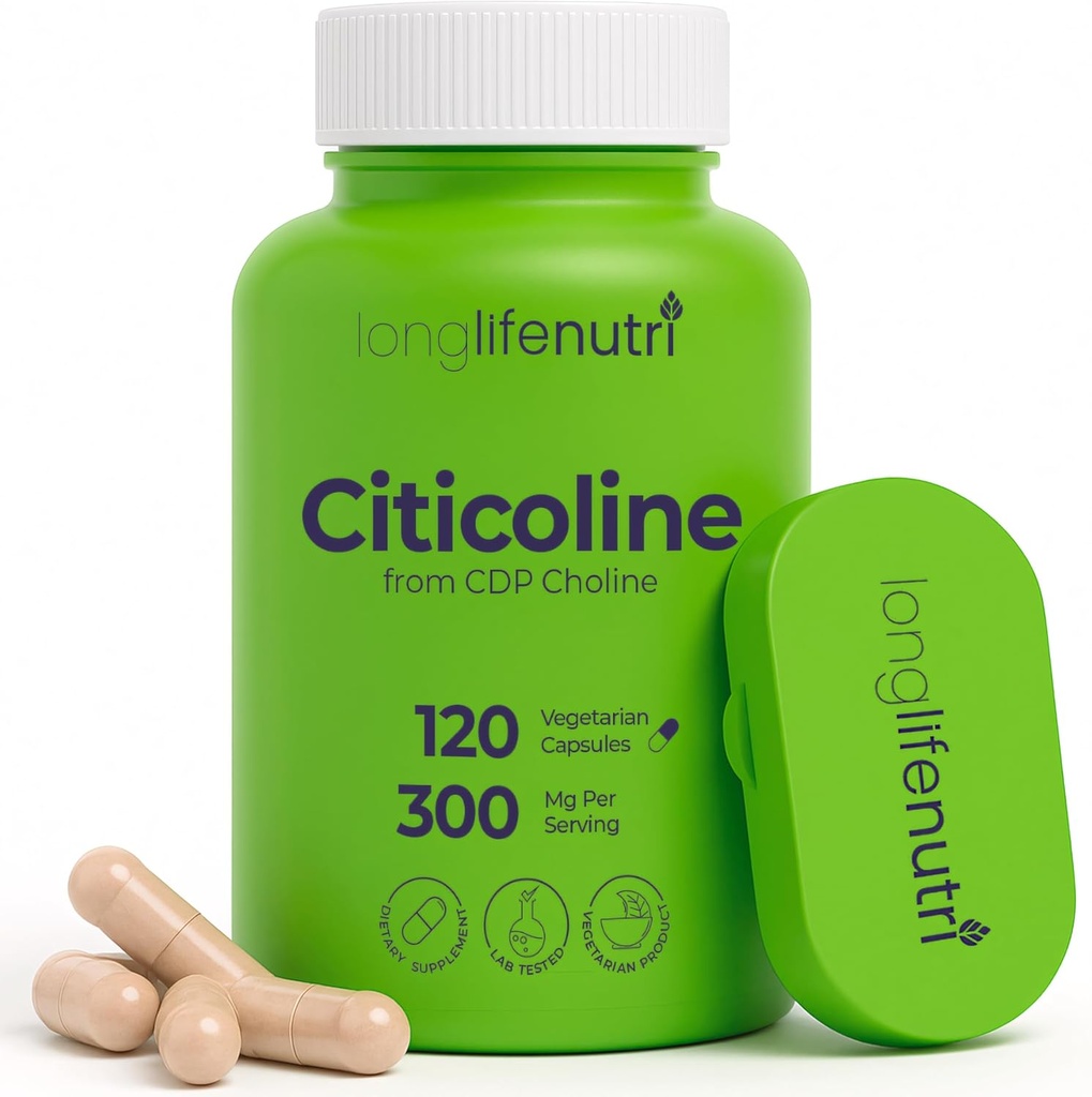 LongLifeNutri Citicoline (CDP-Choline) 300 mg, 120 cápsulas vegetarianas, suministro de 4 meses, certificado GMP, hecho en EE.UU.