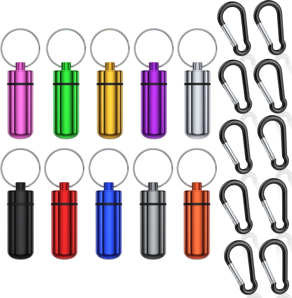 Caja pequeña de pill portátil con llavero, (10 Pack + 10 carabiner Clips) A prueba de agua de Aluminio Organizador de metal Mini caja de bolsillo Contenedor de almacenamiento de drogas para camping al aire libre