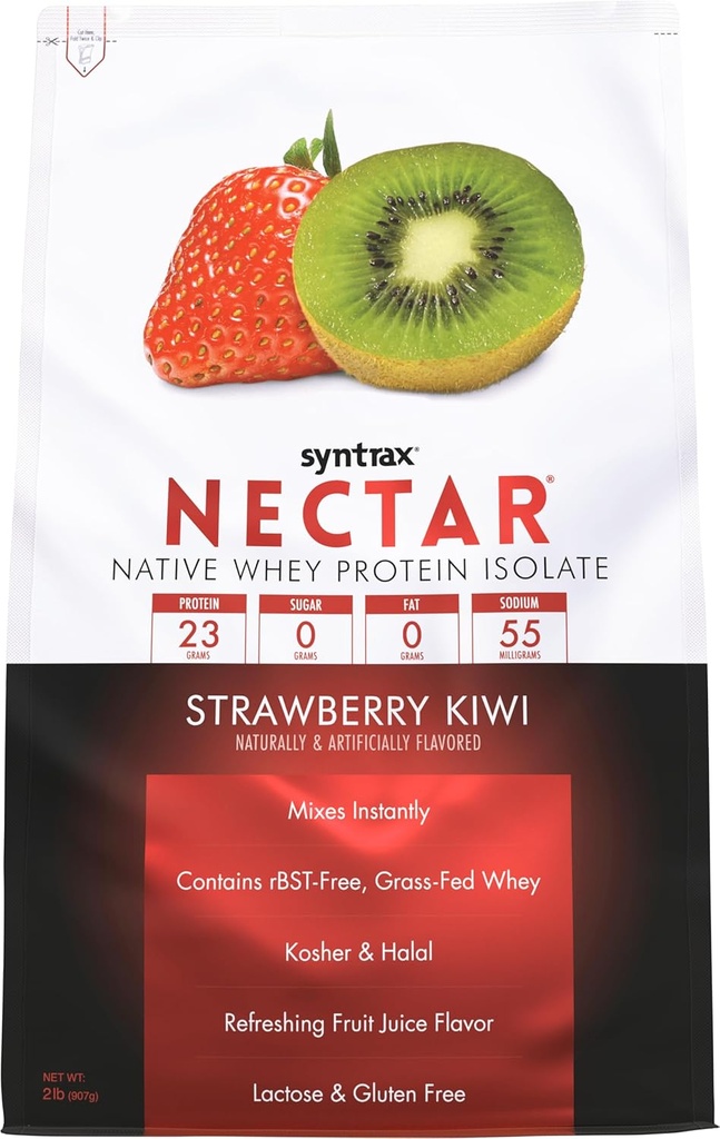 Sintrax Nutrition Nectar, 100% Whey Protein Isolate Powder, Refreshing Fruit Juice Flavor, Strawberry Kiwi, 2 libras