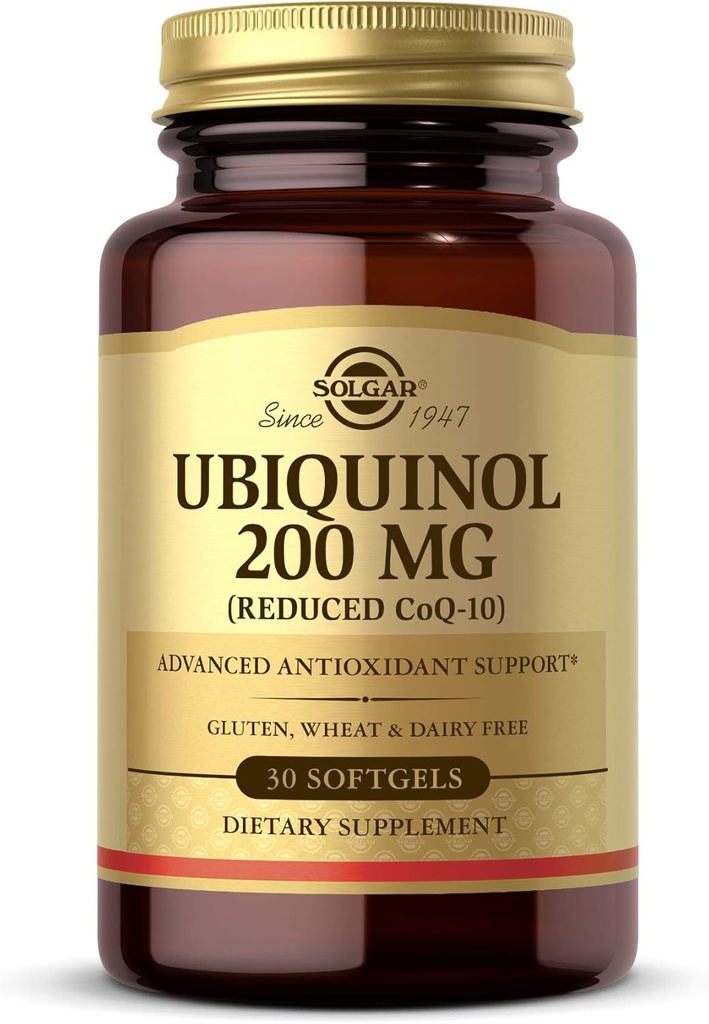 Solgar Ubiquinol 200 mg (Reduced CoQ-10), 30 Softgels - Promueve la función cardíaca y cerebral - Apoya el envejecimiento saludable - Coenzyme Q10 - Suplemento Ubiquinone - Gluten Free, Dairy Free - 30 Servings , Unflavoured, standard