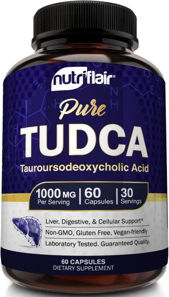 NutriFlair Pure TUDCA 1000mg - Premium Tauroursodeoxycholic Acid Bile Salts, Detox & Cleanse, Non-GMO, Gluten-Free. Liver, Kidney & Gallbladder Support- Made in USA, 60 cápsulas