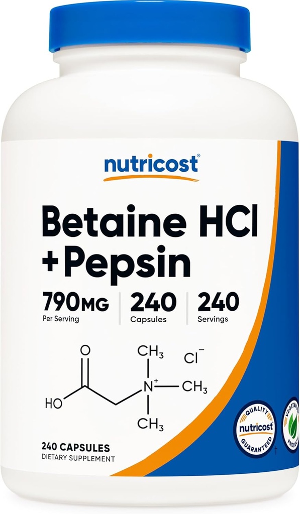 Nutricost Betaine HCl + Pepsin 790mg, 240 cápsulas - Vegetariano &amp; GMO Gratis