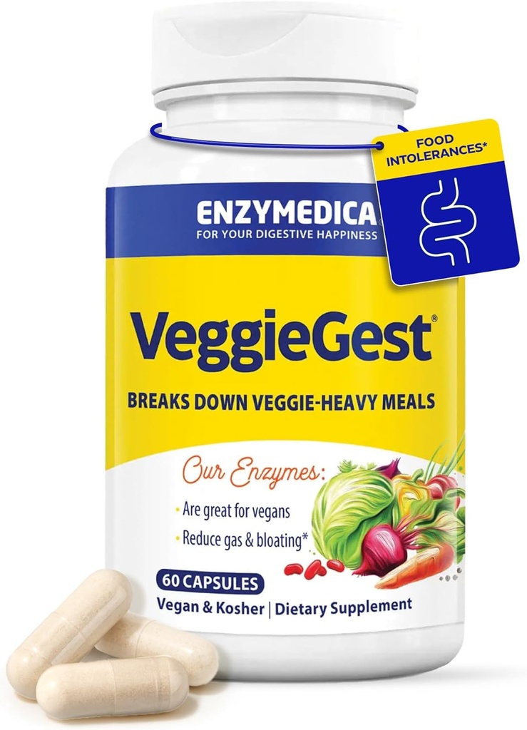 Enzymedica, VeggieGest, Enzymes Digestivos, soporta Gas ocasional &amp; Bloating Relief from High Fiber Meals, for Vegan &amp; Vegetarian Diets, Enzyme Blend for Digestive Health, 60 Cuenta