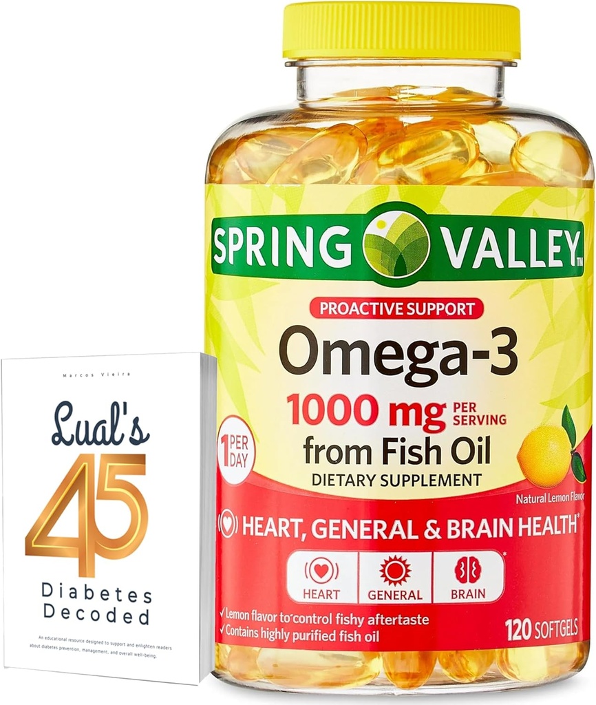 Omega-3 de Fish Oil Heart General &amp; Brain Health Suplemento dietético Softgels, 1000 mg, 120 Cuenta Bundle con 45 Diabetes de Luall Decodificado