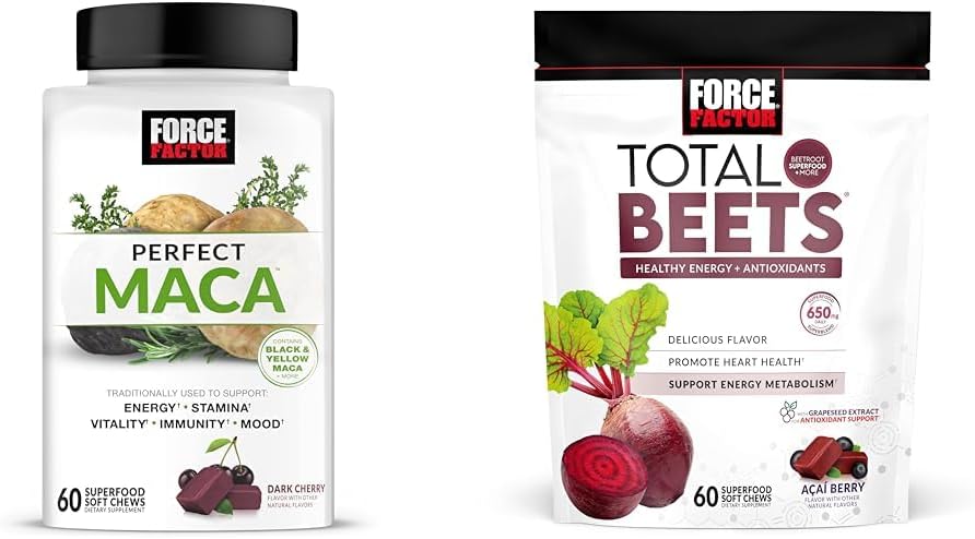 Factor de fuerza Maca &amp; Beet Soft Chews Bundle con 60 Maca Chews y 60 Beet Chews for Energy, Stamina y Heart Health