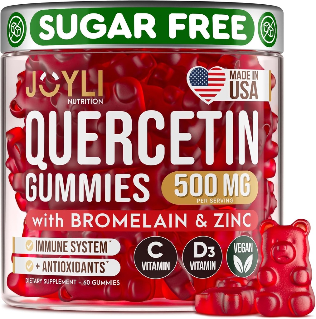 JOYLI Quercetin Gummies - Quercetin with Bromelain Zinc Vitamin C & Vitamin D3 - Quercetin Supplement 500MG for Immune System & Allergy - Quercetin for Kids and Adults - 60 Quercetin Chewable