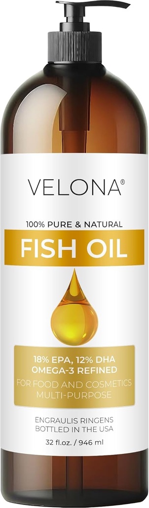 Fish Omega-3 Petróleo por Velona - 32 Fl Oz TEN 100% Puro y Natural Portador Aceite TENIDA Refined TEN Vitamin E, D, Omega-3 ANTE Cooking, Skin, Face, Body, Hair Care TENIDO Utilizar hoy - Disfruta de resultados