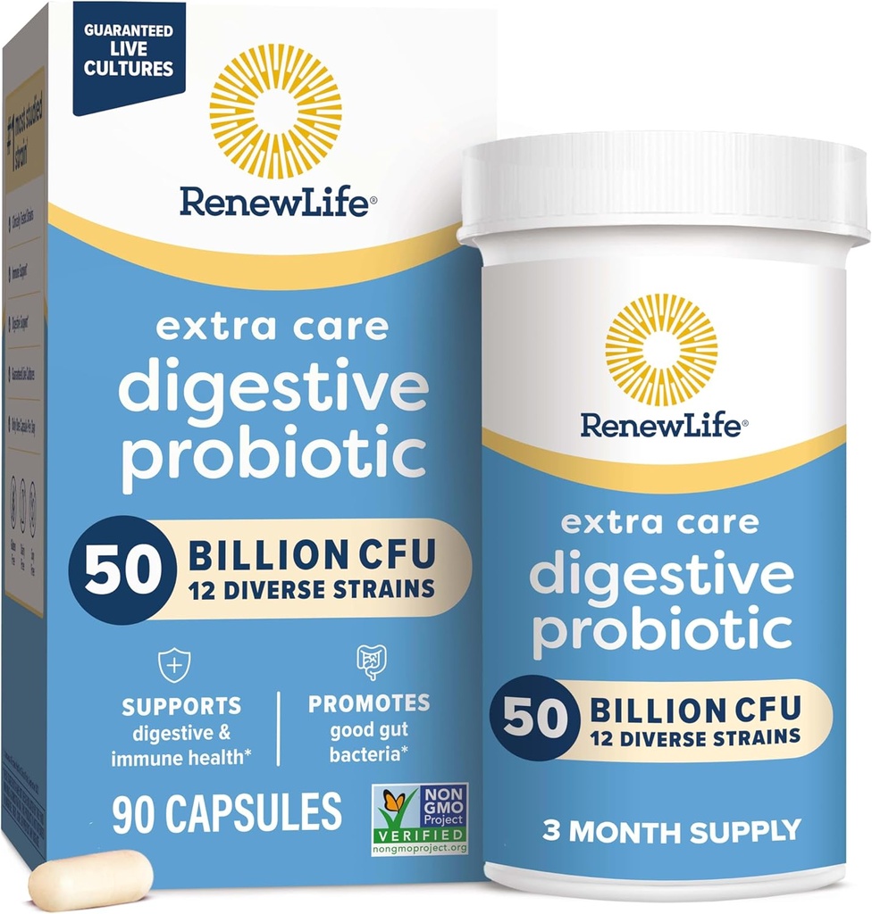 Renew Life Extra Care Digestive Probiotic Capsules, 50 Billion CFU Garantizado, Daily Supplement Supports Immune, Digestive, Respiratory Health(1), L. Rhamnosus GG, Dairy, Soy and Gluten-Free, 90 Count