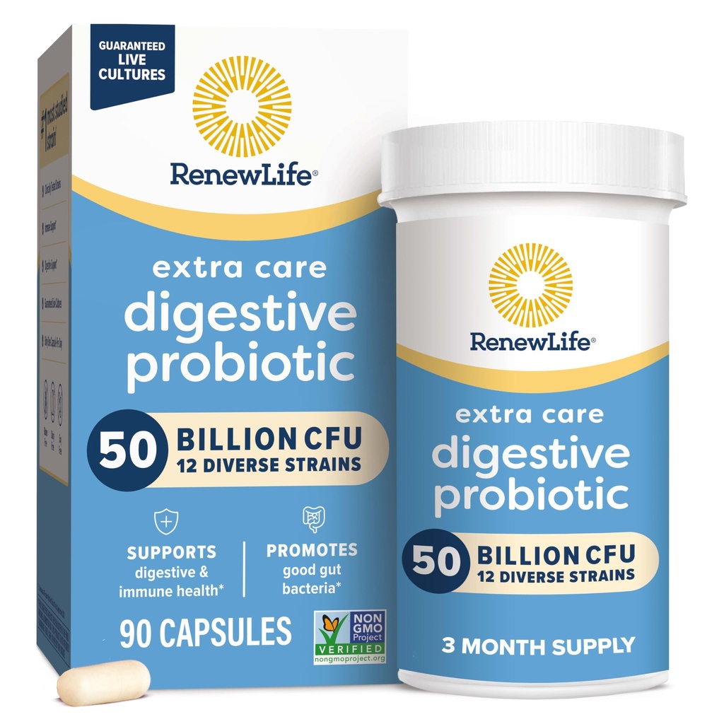 Renew Life Extra Care Digestive Probiotic Capsules, 50 Billion CFU Guaranteed, Daily Supplement Supports Immune, Digestive, Respiratory Health(1), L. Rhamnosus GG, Dairy, Soy and Gluten-Free, 90 Count