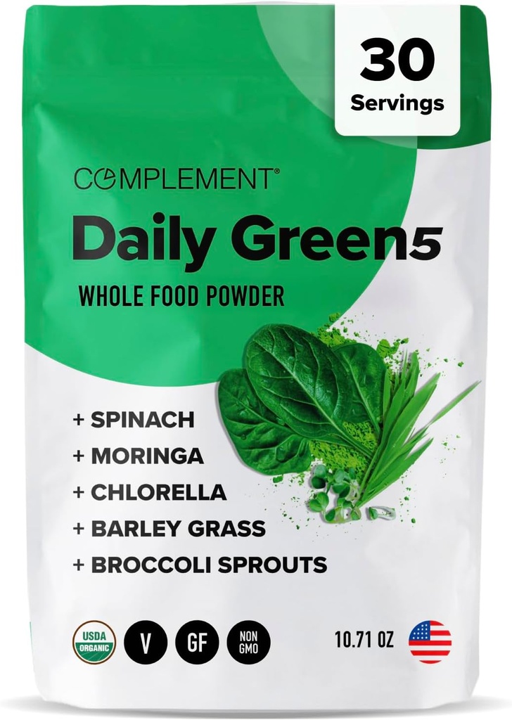 Complemento Daily Greens Powder, Super Greens Powder Superfood- Wholefood, Organic Chlorella Powder, Barley Grass Juice Powder, Broccoli Sprouts- Immune Support, Brain Health, Metal Detox- 30 Servings