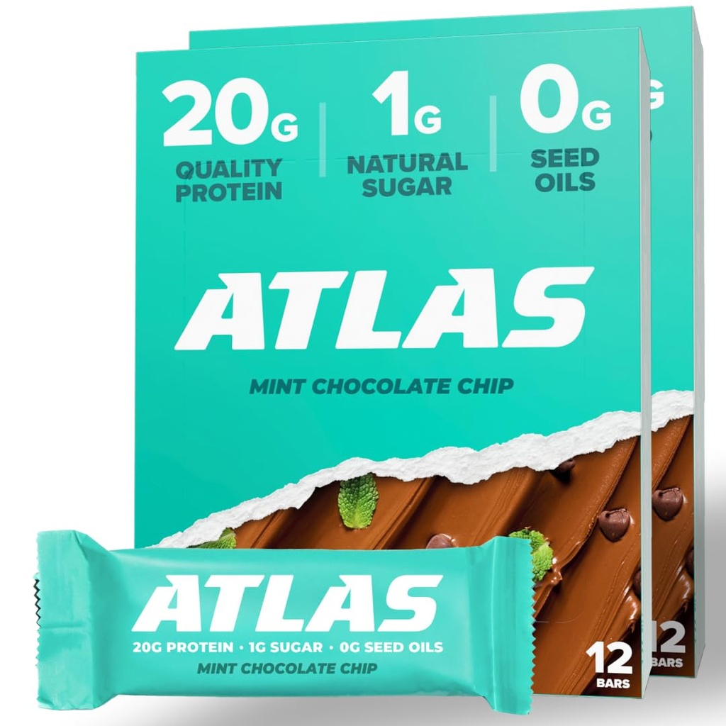Atlas Protein Bar, 20g Protein, 1g Sugar, Clean Ingredients, Gluten Free, Mint Chocolate Chip (12 Count, Pack of 2)