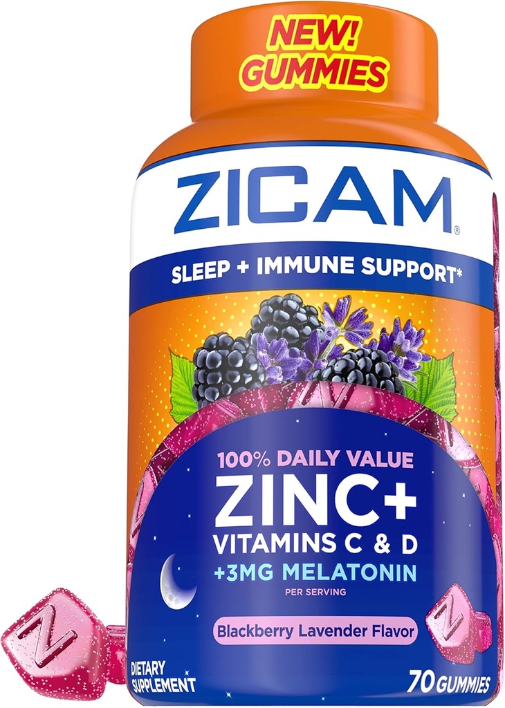 Zicam Sleep + Immune Support. Zinc, Suplemento Gummy, BlackBerry Lavender Flavor, Vitamina C y Vitamina D, 3mg Melatonina por Serving, 70 Cuenta