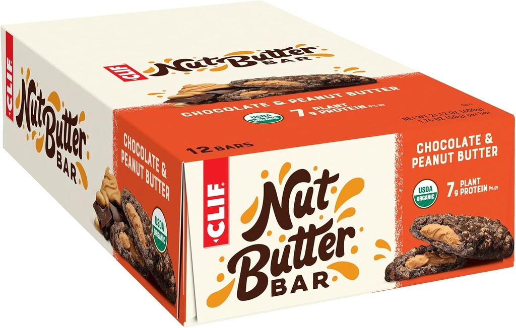 Clif Bar - Nut Butter Bar - Organic Snack Bars - Chocolate Peanut Butter - Organic - Plant Protein - Non-GMO (1.76 Ounce Protein Snack Bars, 12 Count)
