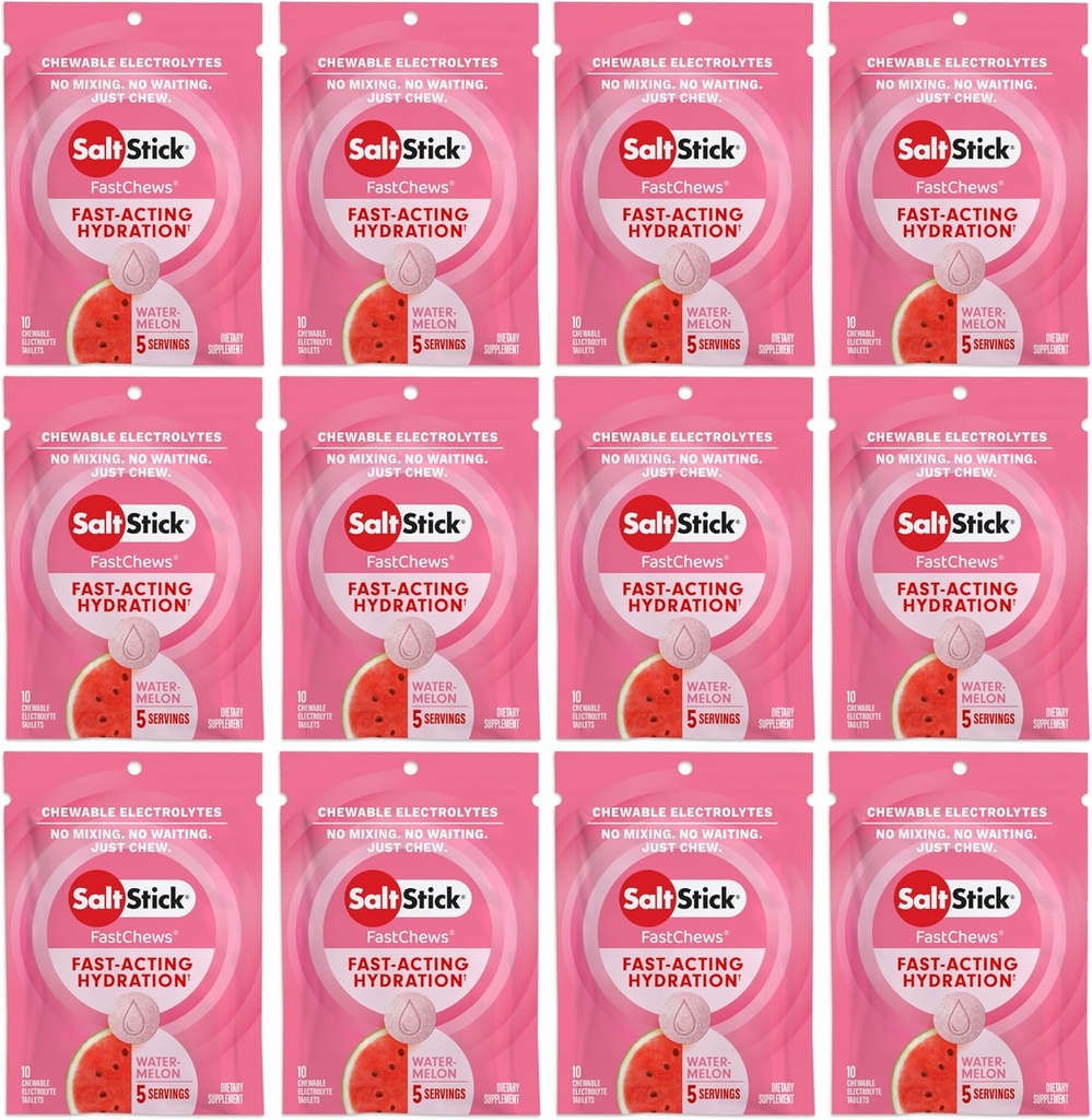 SaltStick Electrolyte FastChews - 120 Cuenta Watermelon Flavor - Tablas electrolíticas para la hidratación, Tapas Sal - 10 Cuenta (Pack of 12)