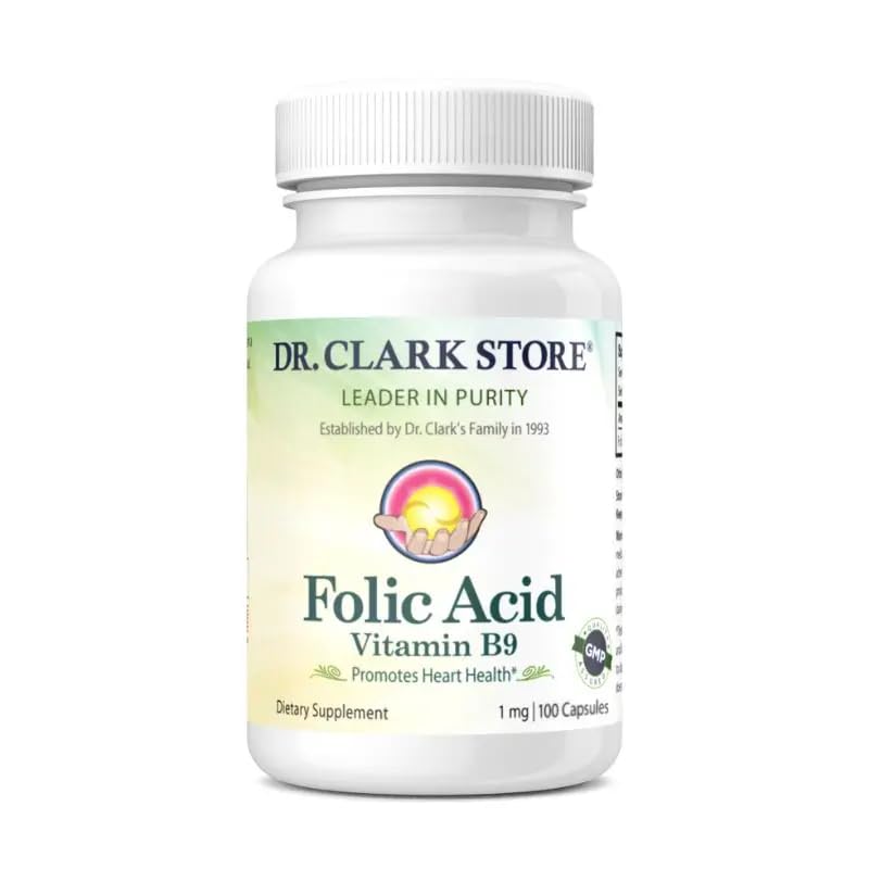 Dr. Clark Folic Acid (Vitamin B9) Supplement – 1mg, 100 Gelatin Capsules, Essential B Vitamin for Daily Health