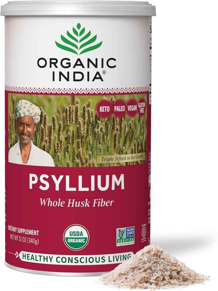 ORGANIC INDIA Psyllium Husk Powder Organic - Psyllium Husk Fiber Supplement, Digestion Support, Vegan, Gluten-Free, Non-GMO, Soluble & Insoluble Fiber Source - 12 oz (Pack of 1)