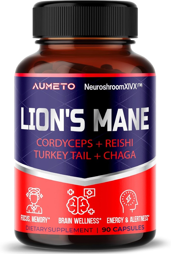 Lions Mane Supplement Capsules 40% Polysaccharides with Cordyceps, Reishi, Turquía Tail, Chaga Mushroom Complex - Caffeine-Free 18 in 1 Brain Supplement for Memory and Focus
