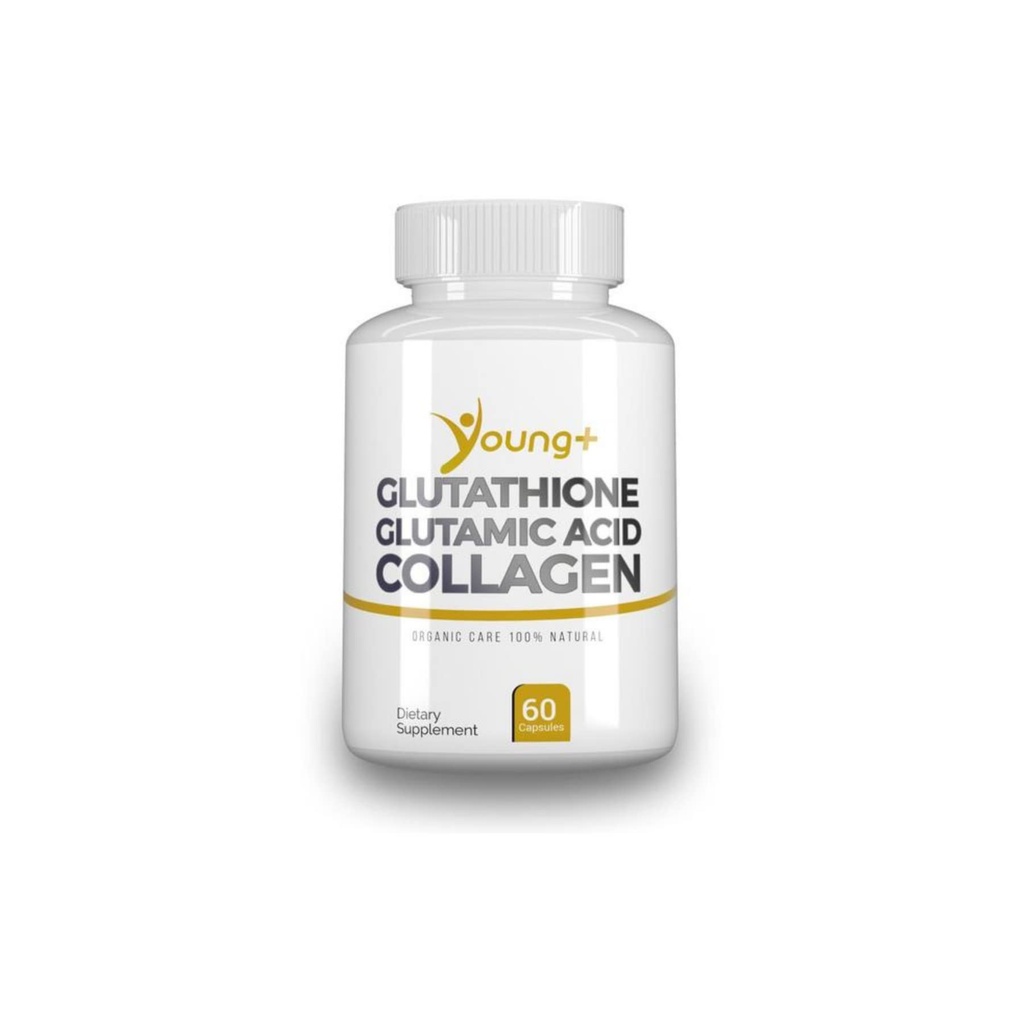 Young+ Glutathione, Glutamic Acid y Collagen. Suplemento antioxidante - 1000mg, 60 cápsulas