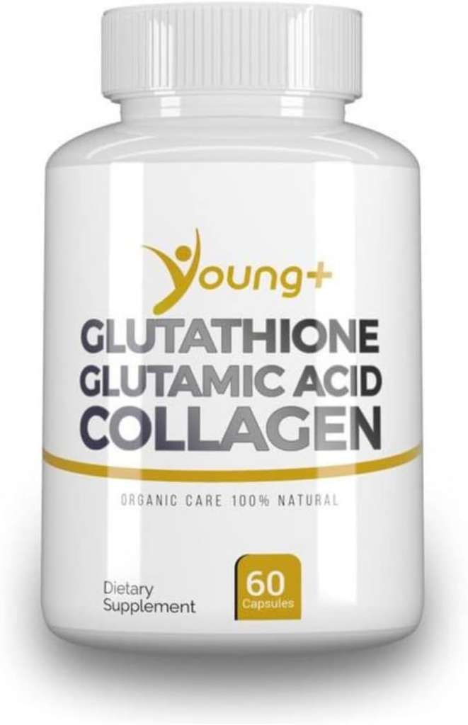 Young+ Glutathione, Glutamic Acid y Collagen. Suplemento antioxidante - 1000mg, 60 cápsulas
