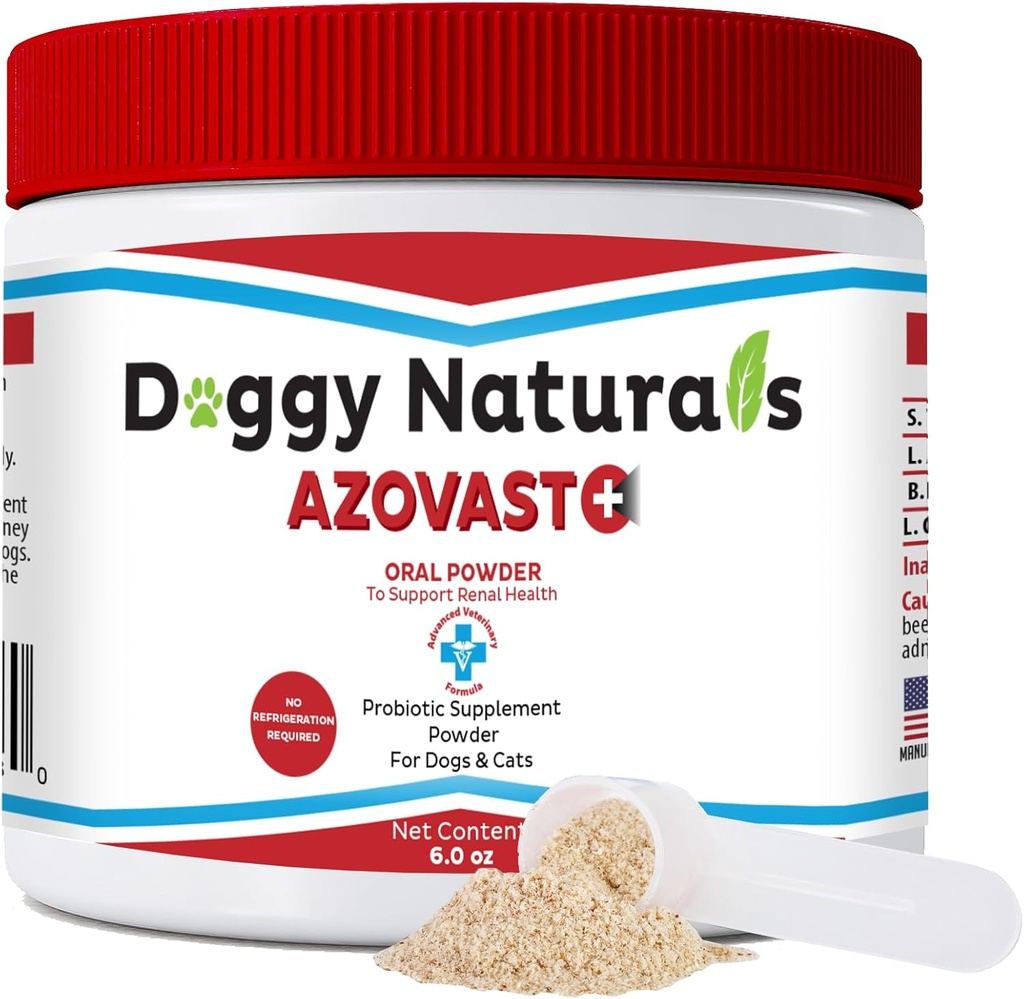 Azovast Plus Kidney Health Supplement for Dogs & Cats, Oral Powder (6 Oz) - (120 Doses/Jar) No se requiere refrigeración - Ayuda Asistencia Kidney Function &amp; Gestion Renal Toxins (Made in U.S.A) (6 Oz)