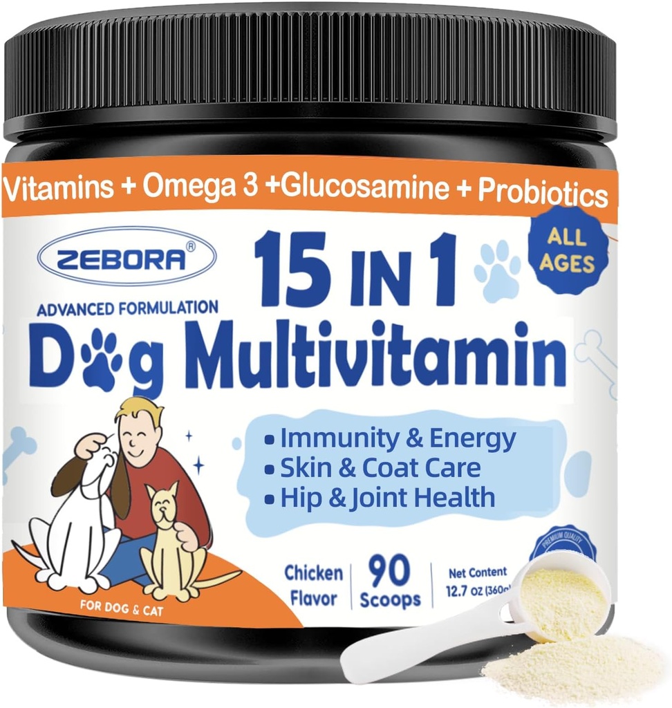 ZEBORA Pólvora multivitamínica de perros con Glucosamina, vitaminas de perros y suplementos para soporte inmunitario, piel y carne Suplemento con Omega 3 para Alivio de Alergia, Probióticos para Salud Digestiva y Gut