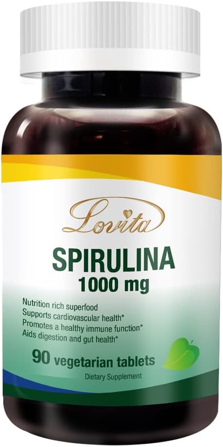 Lovita Organic Spirulina 1000mg por Tablet, Natural Multivitamin Superfood, 100% Vegan Spirulina Tablets, Non-Irradiated, 90 Vegetarian Tablets