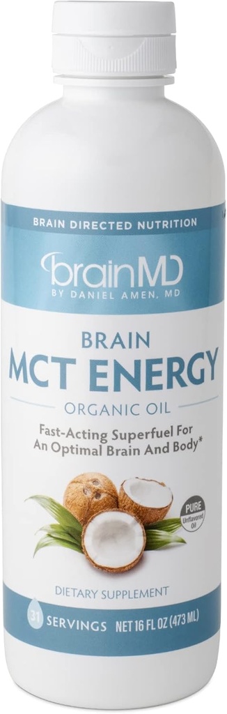 Dr Amen BrainMD Brain MCT Energy - 16 fl oz - Energy Support for Brain & Body - Mejora el enfoque " Satiety - Clean " Fast Acting - Gluten Free - 31 Servings