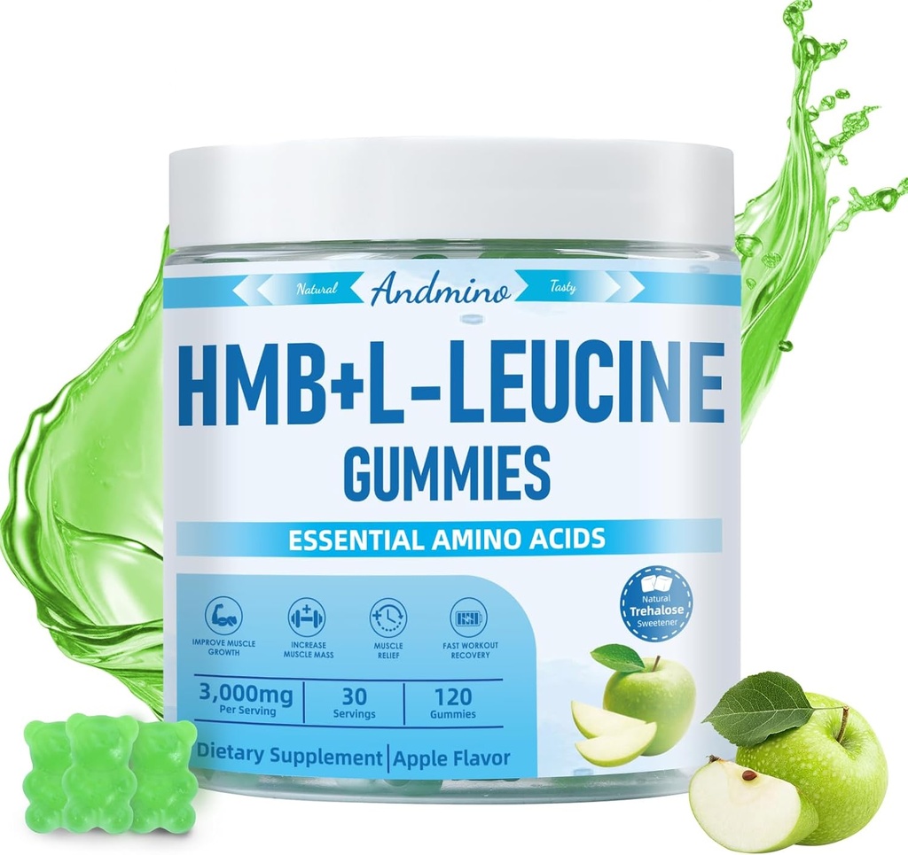 HMB y L-Leucine Gummies, 3000mg, con Trehalose, para el crecimiento muscular, el alivio muscular y la recuperación del entrenamiento, para adultos " mayores, no GMO, Vegan, Gluten Gratis, Apple Flavor, 120