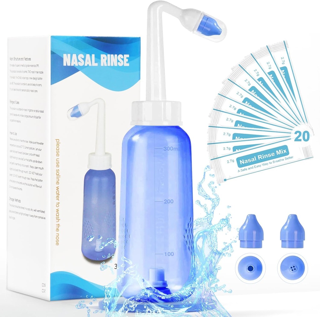 Neti Pot Sinus Rinse Bottle - Limpiabotas de lavado suave para lavar la nariz para una presión efectiva Irrigatio 300 ML con 20 paquetes de sal de lavado