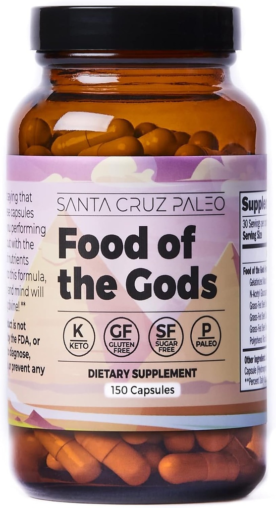 Santa Cruz Paleo Comida de los Gods Grass Fed Beef Organ Suplemento con Glucosamine, Bone Marrow, Beef Liver, Colostrum, Maca Root " Elderberry, Gluten Free, Keto, Sugar Free, Paleo, 30 Servings