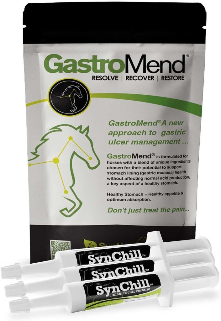 SynChill 3 Pack + GastroMend Bundle for Horses - Soporte integral de salud de estómago, ayudas en el alivio del Ulcer Gástrico, promueve la calma " Focus " , Todo Natural, Costo Efectivo