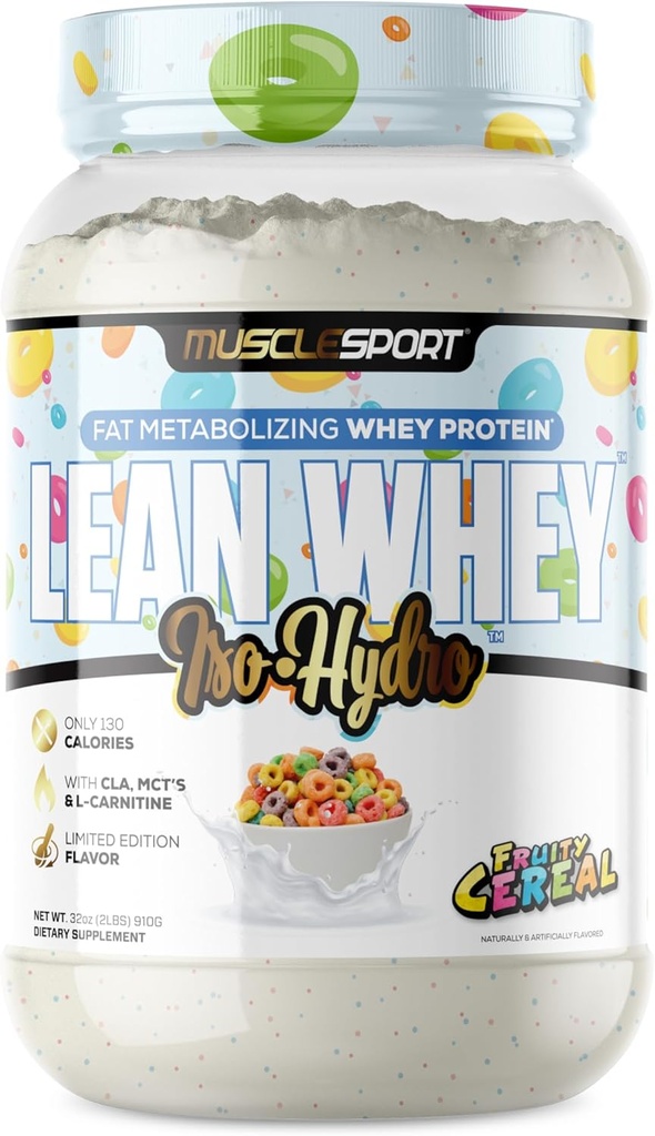 Musclesport Lean Whey RevolutionTM Protein Powder - Whey Protein Isolate - Baja Calorie, Baja Carb, Bajo Gordo, Sabores Increíbles - 25g Proteína por Scoop (2lb, Frutas Cereales)