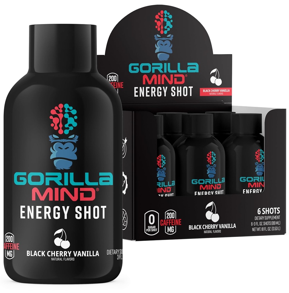 Gorilla Mind Energy Shots (Pack of 6) - Enhanced Focus & Energy, Sugar-Free, Fast-Acting, Potent Formula with Vitamins &amp; Natural Extracts (Black Cherry Vanilla)