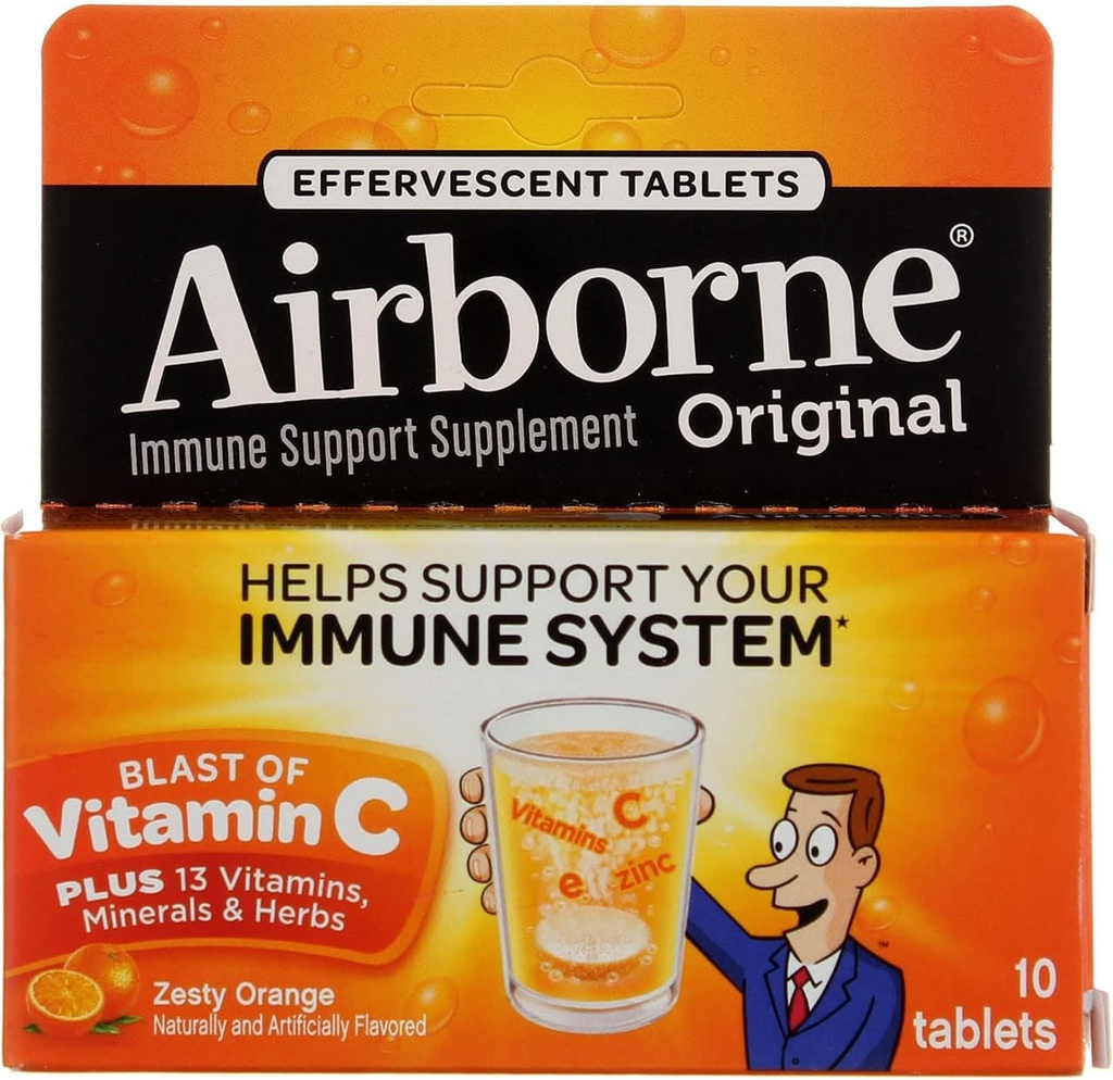 Airborne - Effervescent Tablets with Vitamin C - Zesty Orange - 10 Tablets - 4 Pack