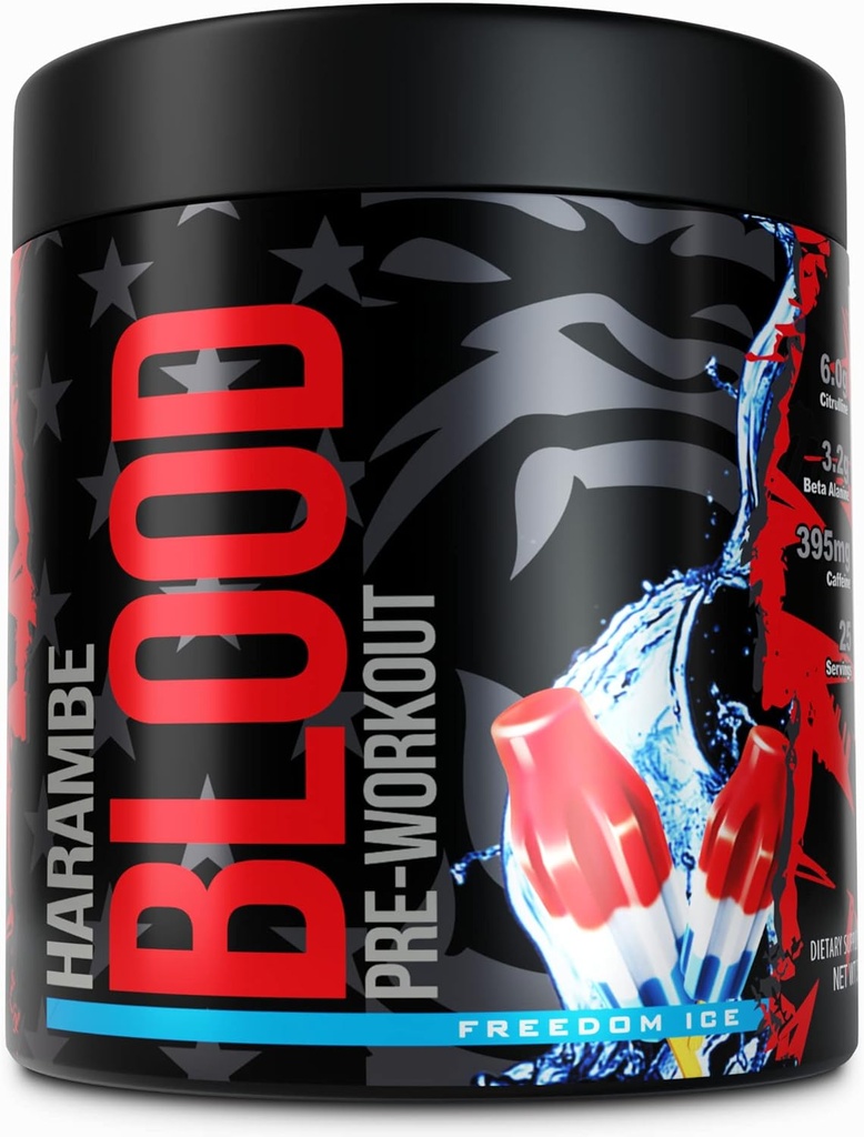 Harambe Pre Workout ✮ Extreme Preworkout Suplemento para Hombres ✮ Strong Pre Workout Powder ✮ 395mg Caffeine with Dynamine ✮ Best High Stim Pre-Workout for Pumps, Energy & Focus (Freedom Ice)