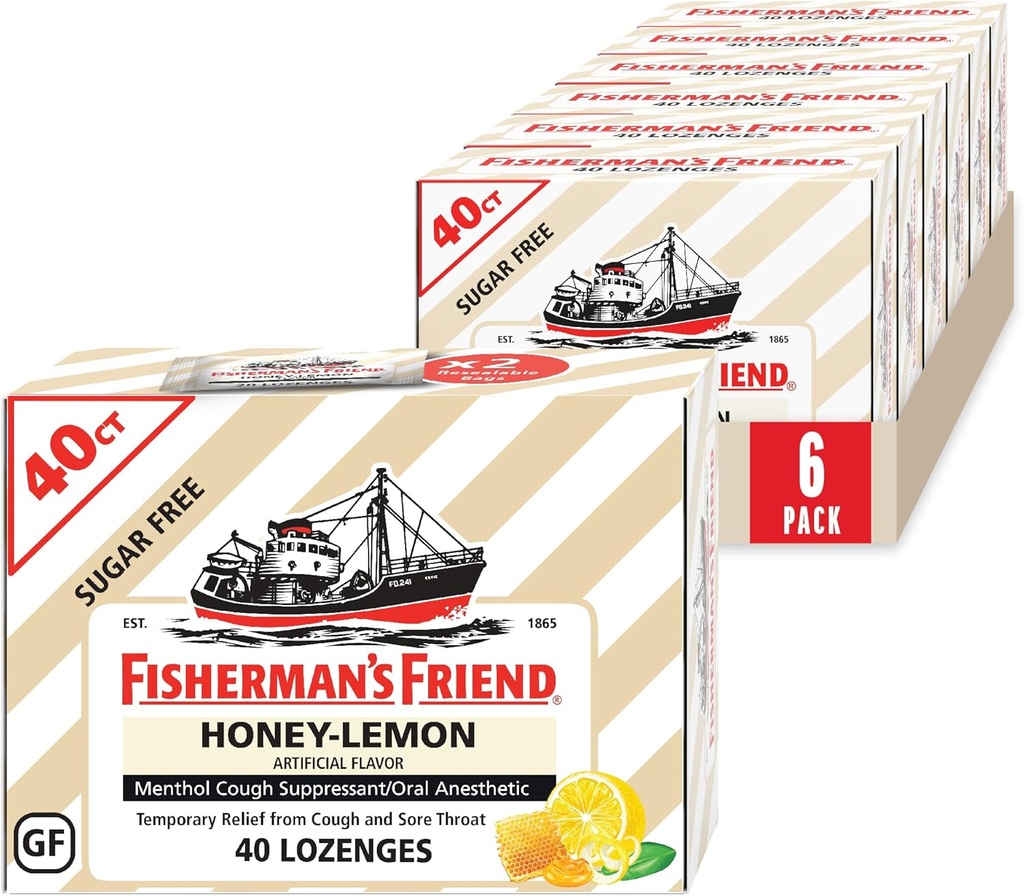 Las gotas de tos amigas de Fisherman, la tos supresora y las picaduras de garganta, el azúcar libre de miel de limón, 5,52 mg de mentol, 240 gotas (6 paquetes de 40)